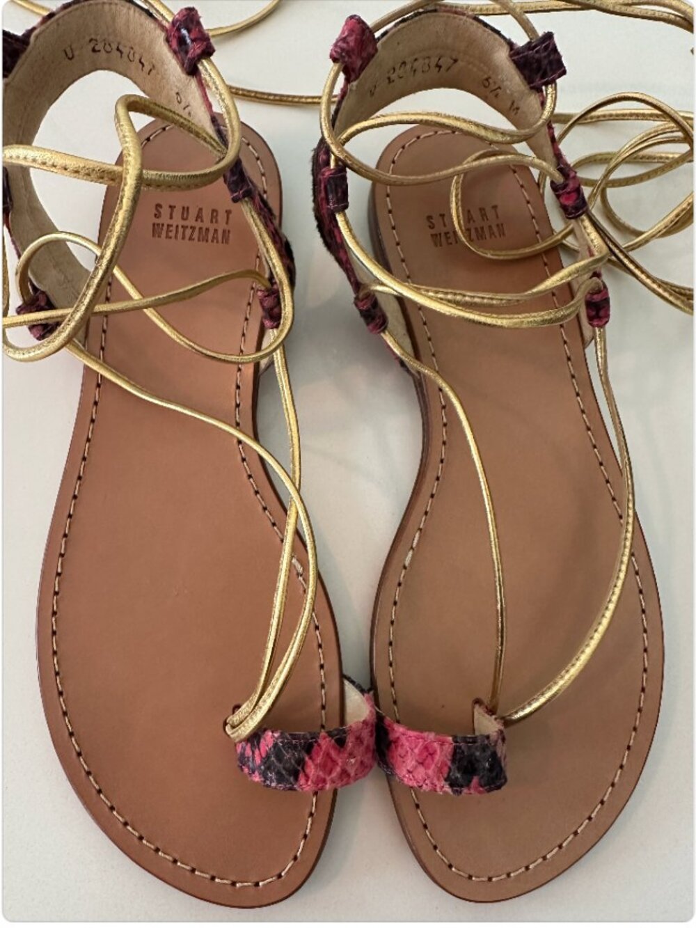 Stuart Weitzman Lasso Tie Up Sandal Gold and Pink
